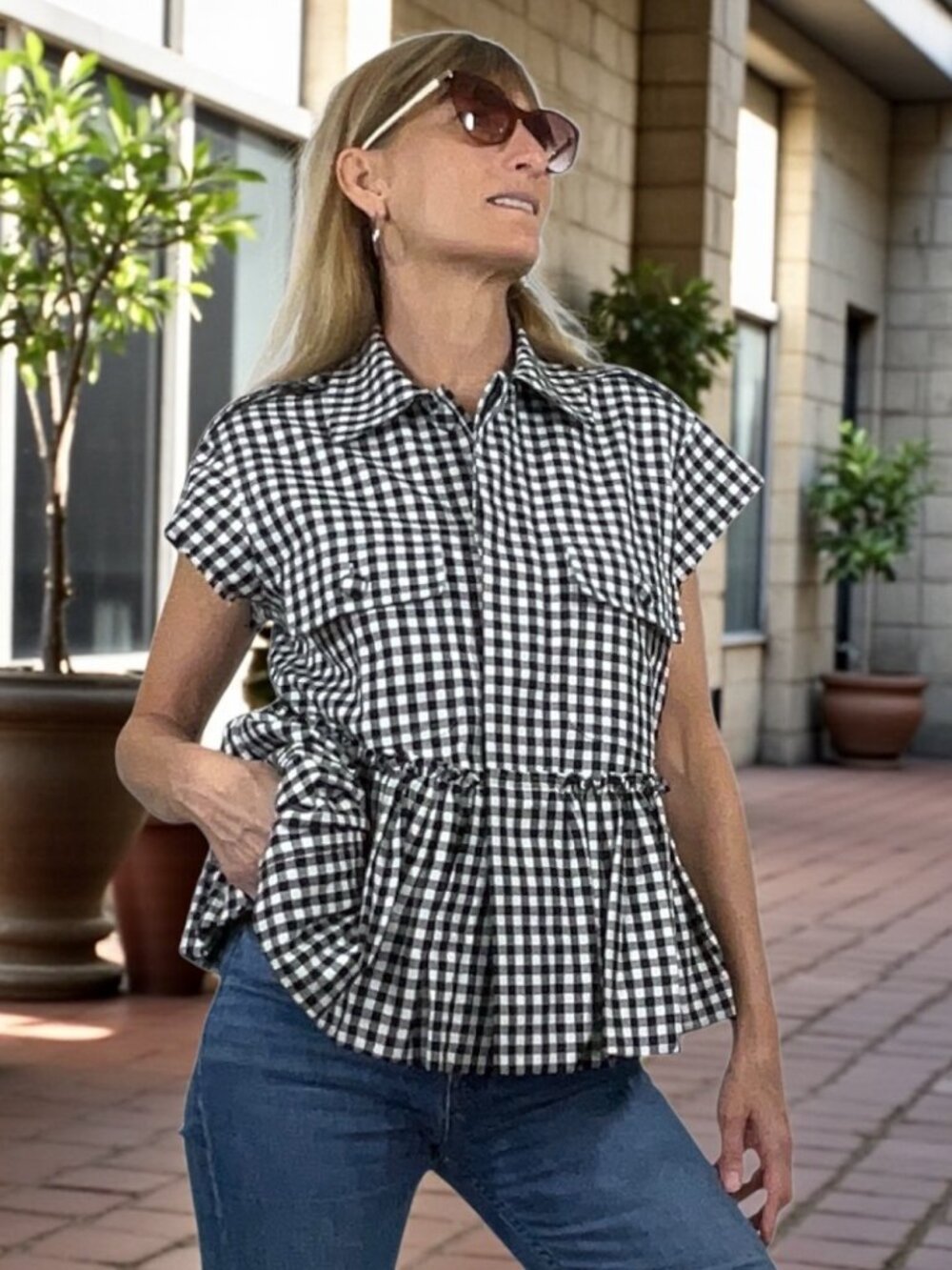Harvey Faircloth Plaid Peplum Shirt XS Black Cotton